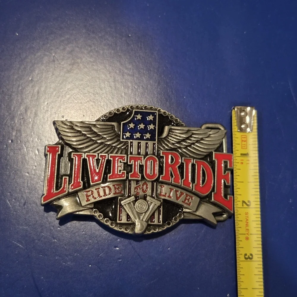 Live to Ride Ride to Live Motorcycle Biker Belt Buckle Pewter Red Enamel